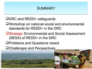 SUMMARYSUMMARY
DRC and REDD+ safeguards
Workshop on national social and environmental
standards for REDD+ in the DRC
St...