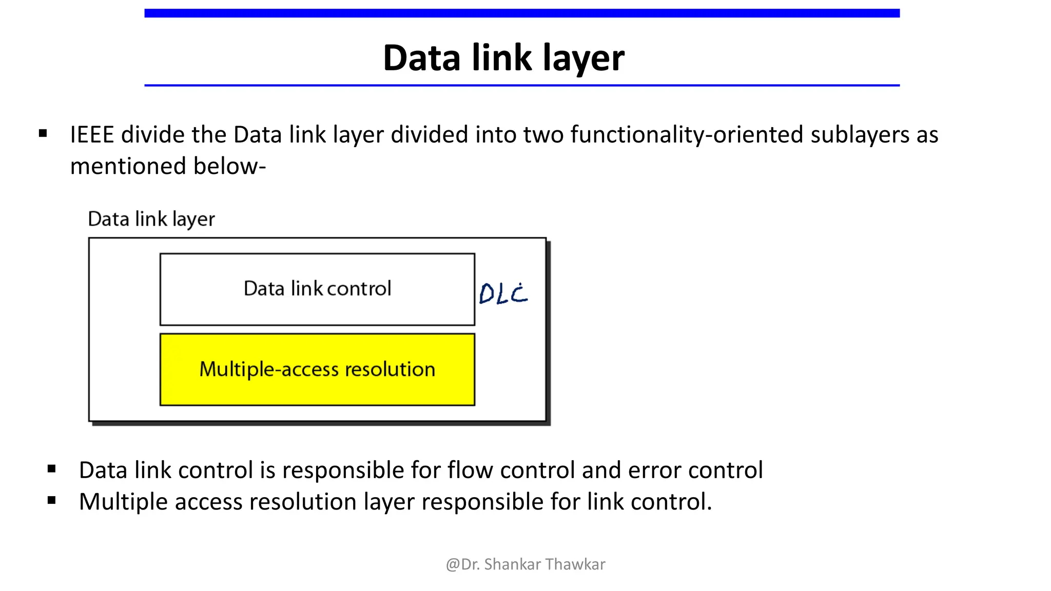 ▪ IEEE divide the Data link layer divided into two functionality-oriented sublayers as
mentioned below-
Data link layer
▪ Data link control is responsible for flow control and error control
▪ Multiple access resolution layer responsible for link control.
@Dr. Shankar Thawkar
 