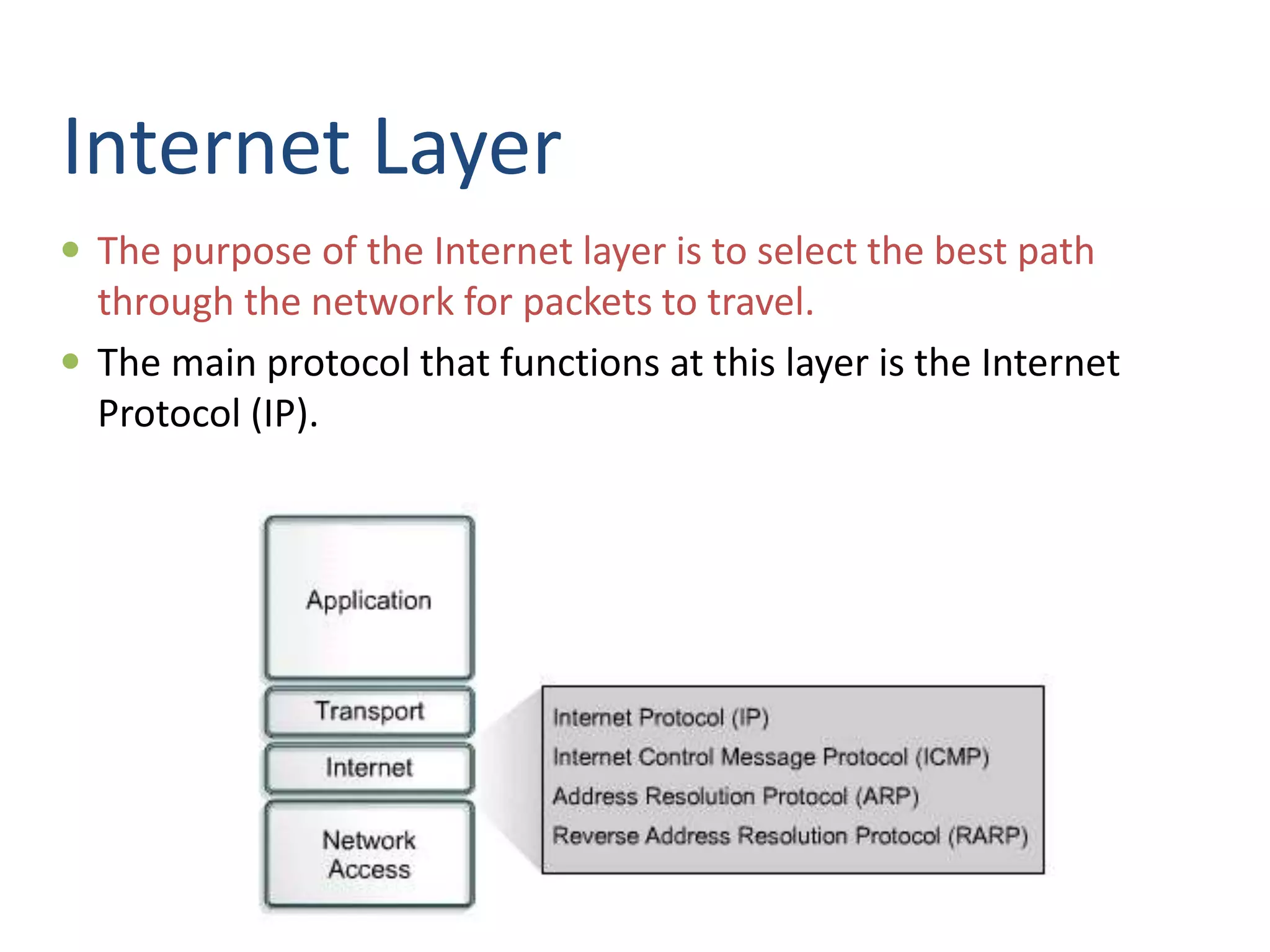 Internet Layer
 The purpose of the Internet layer is to select the best path
through the network for packets to travel.
 The main protocol that functions at this layer is the Internet
Protocol (IP).
 