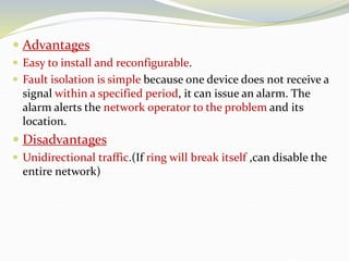  Advantages
 Easy to install and reconfigurable.
 Fault isolation is simple because one device does not receive a
signal within a specified period, it can issue an alarm. The
alarm alerts the network operator to the problem and its
location.
 Disadvantages
 Unidirectional traffic.(If ring will break itself ,can disable the
entire network)
 