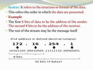  Syntax: It refers to the structure or format of the data.
 This refers the order in which the data are presented.
 Example
 The first 8 bits of data to be the address of the sender.
The second 8 bits to be the address of the receiver.
 The rest of the stream may be the message itself
 