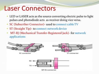 Laser Connectors
 LED or LASER acts as the source converting electric pulse to light
pulses and photodiode acts as receiver doing vice versa.
 SC (Subscriber Connector)- used to connect cableTV
 ST (Straight Tip)- to connect networkdevice
 MT-RJ (Mechanical Transfer-Registered Jack)- for network
applications
 