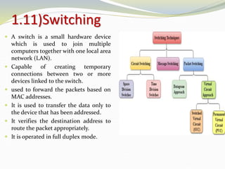 1.11)Switching
 A switch is a small hardware device
which is used to join multiple
computers together with one local area
network (LAN).
 Capable of creating temporary
connections between two or more
devices linked to the switch.
 used to forward the packets based on
MAC addresses.
 It is used to transfer the data only to
the device that has been addressed.
 It verifies the destination address to
route the packet appropriately.
 It is operated in full duplex mode.
 