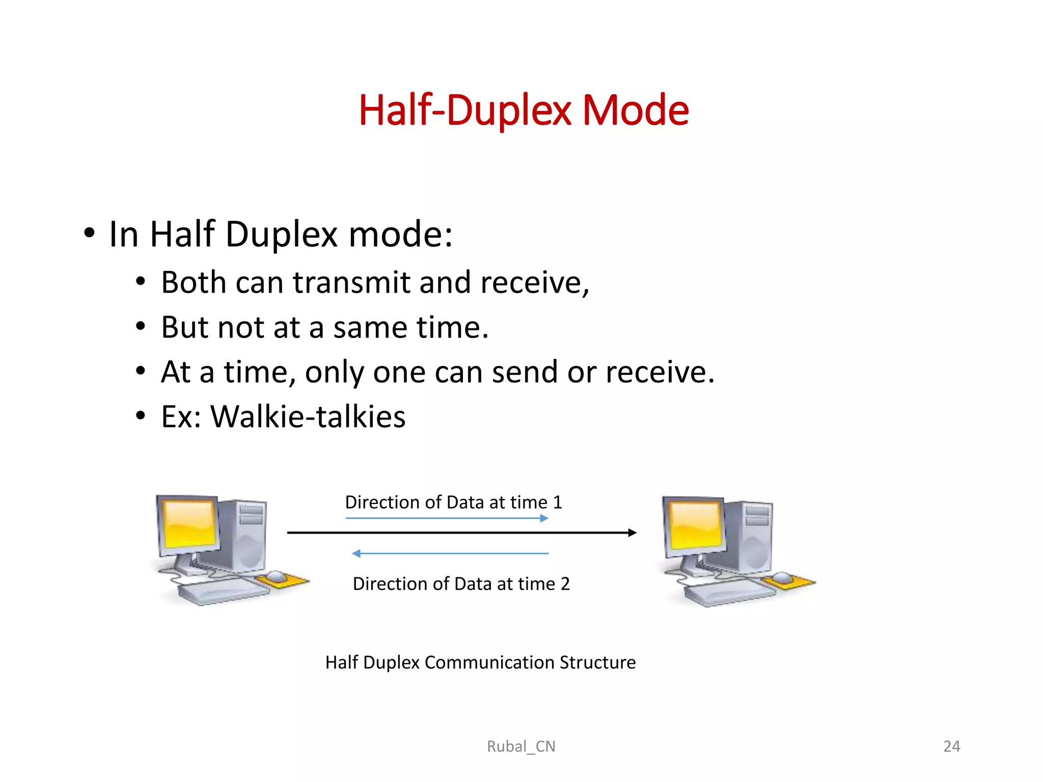 Half-Duplex Mode • In Half Duplex mode: • Both can transmit and receive, • But not at a same time. • At a time, only one can send or receive. • Ex: Walkie-talkies Rubal_CN 24 Direction of Data at time 1 Half Duplex Communication Structure Direction of Data at time 2 