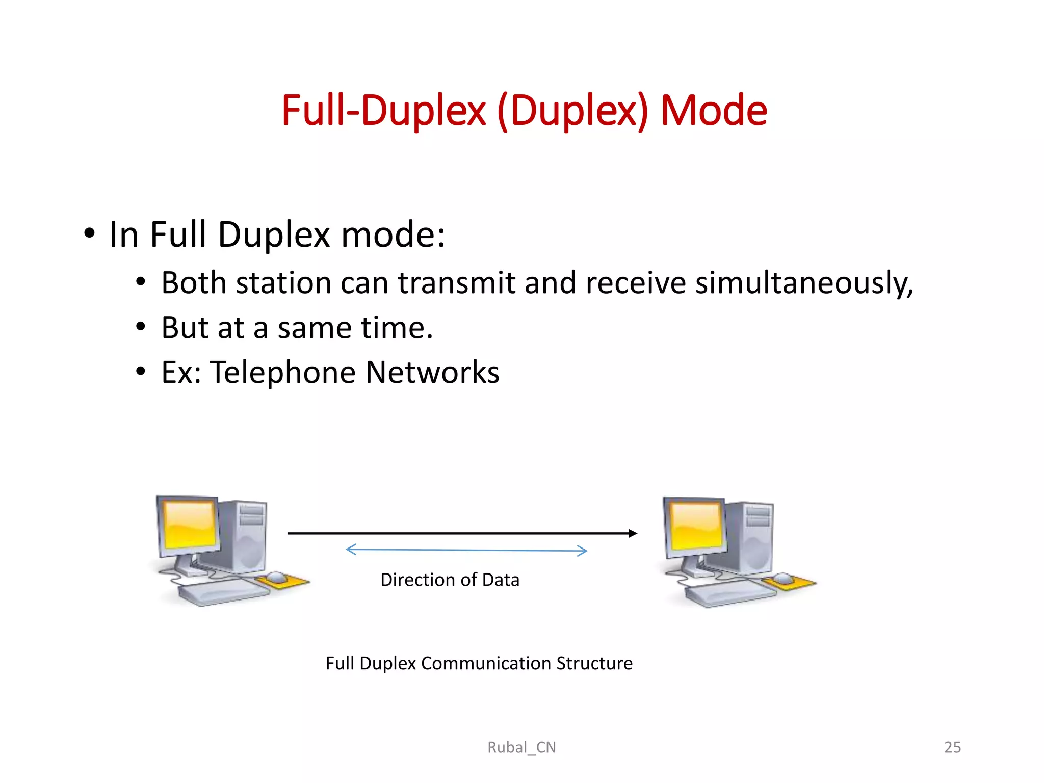 Full-Duplex (Duplex) Mode • In Full Duplex mode: • Both station can transmit and receive simultaneously, • But at a same time. • Ex: Telephone Networks Rubal_CN 25 Full Duplex Communication Structure Direction of Data 
