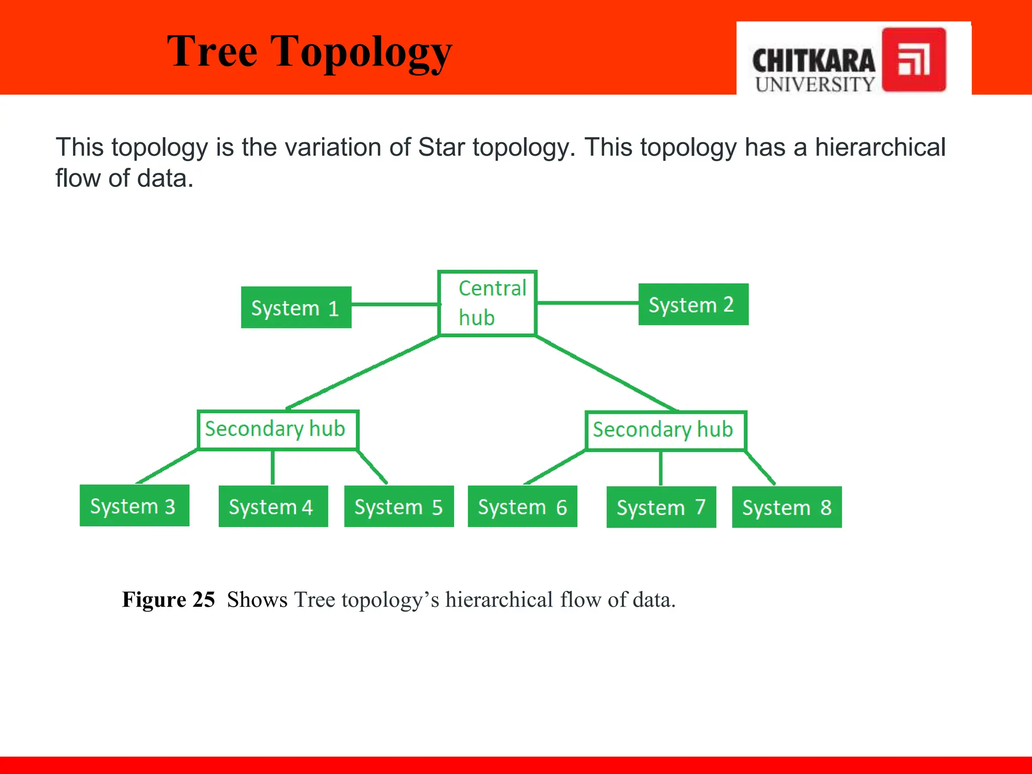 Tree Topology
This topology is the variation of Star topology. This topology has a hierarchical
flow of data.
Figure 25 Shows Tree topology’s hierarchical flow of data.
 