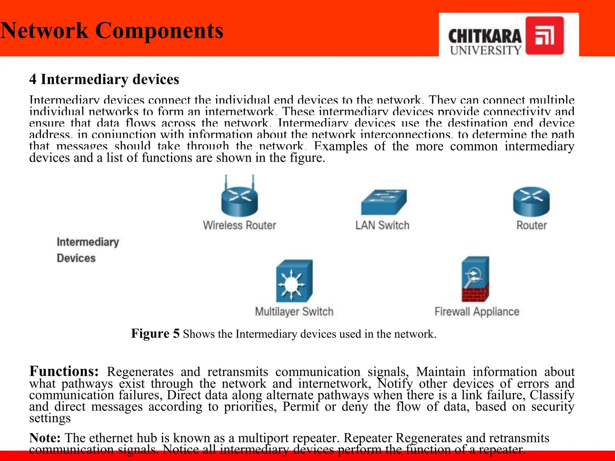 Network Components
4 Intermediary devices
Intermediary devices connect the individual end devices to the network. They can connect multiple
individual networks to form an internetwork. These intermediary devices provide connectivity and
ensure that data flows across the network. Intermediary devices use the destination end device
address, in conjunction with information about the network interconnections, to determine the path
that messages should take through the network. Examples of the more common intermediary
devices and a list of functions are shown in the figure.
Functions: Regenerates and retransmits communication signals, Maintain information about
what pathways exist through the network and internetwork, Notify other devices of errors and
communication failures, Direct data along alternate pathways when there is a link failure, Classify
and direct messages according to priorities, Permit or deny the flow of data, based on security
settings
Note: The ethernet hub is known as a multiport repeater. Repeater Regenerates and retransmits
communication signals. Notice all intermediary devices perform the function of a repeater.
Figure 5 Shows the Intermediary devices used in the network.
 