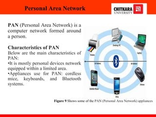 Personal Area Network
PAN (Personal Area Network) is a
computer network formed around
a person.
Characteristics of PAN
Below are the main characteristics of
PAN:
•It is mostly personal devices network
equipped within a limited area.
•Appliances use for PAN: cordless
mice, keyboards, and Bluetooth
systems.
Figure 9 Shows some of the PAN (Personal Area Network) appliances
 