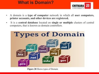 What is Domain?
• A domain is a type of computer network in which all user computers,
printer accounts, and other devices are registered.
• It is a central database located on single or multiple clusters of central
computers, that is known as domain controllers.
Figure 28 Shows types of Domain
 