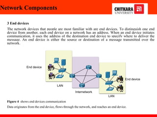 Network Components
3 End devices
The network devices that people are most familiar with are end devices. To distinguish one end
device from another, each end device on a network has an address. When an end device initiates
communication, it uses the address of the destination end device to specify where to deliver the
message. An end device is either the source or destination of a message transmitted over the
network.
Figure 4 shows end devices communication
Data originates from the end device, flows through the network, and reaches an end device.
LAN
End device
End device
Internetwork
LAN
 