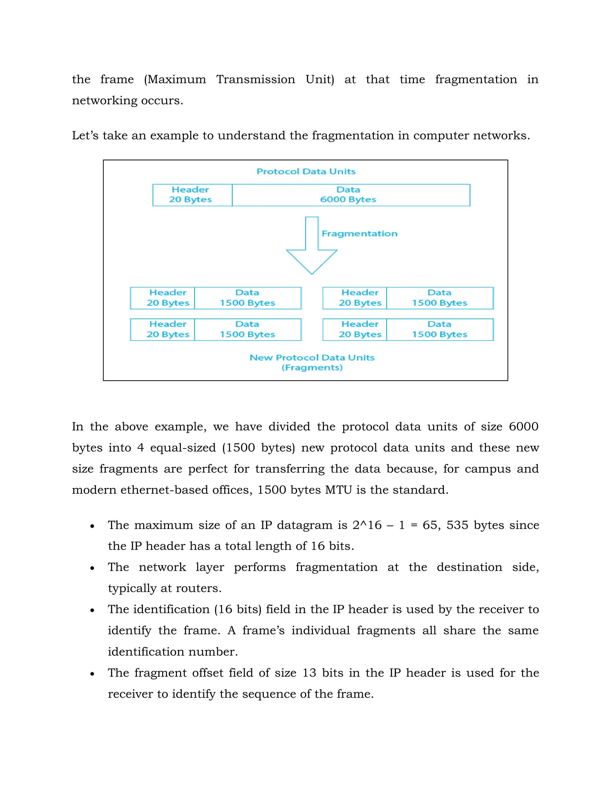 the frame (Maximum Transmission Unit) at that time fragmentation in
networking occurs.
Let’s take an example to understand the fragmentation in computer networks.
In the above example, we have divided the protocol data units of size 6000
bytes into 4 equal-sized (1500 bytes) new protocol data units and these new
size fragments are perfect for transferring the data because, for campus and
modern ethernet-based offices, 1500 bytes MTU is the standard.
 The maximum size of an IP datagram is 2^16 – 1 = 65, 535 bytes since
the IP header has a total length of 16 bits.
 The network layer performs fragmentation at the destination side,
typically at routers.
 The identification (16 bits) field in the IP header is used by the receiver to
identify the frame. A frame’s individual fragments all share the same
identification number.
 The fragment offset field of size 13 bits in the IP header is used for the
receiver to identify the sequence of the frame.
 