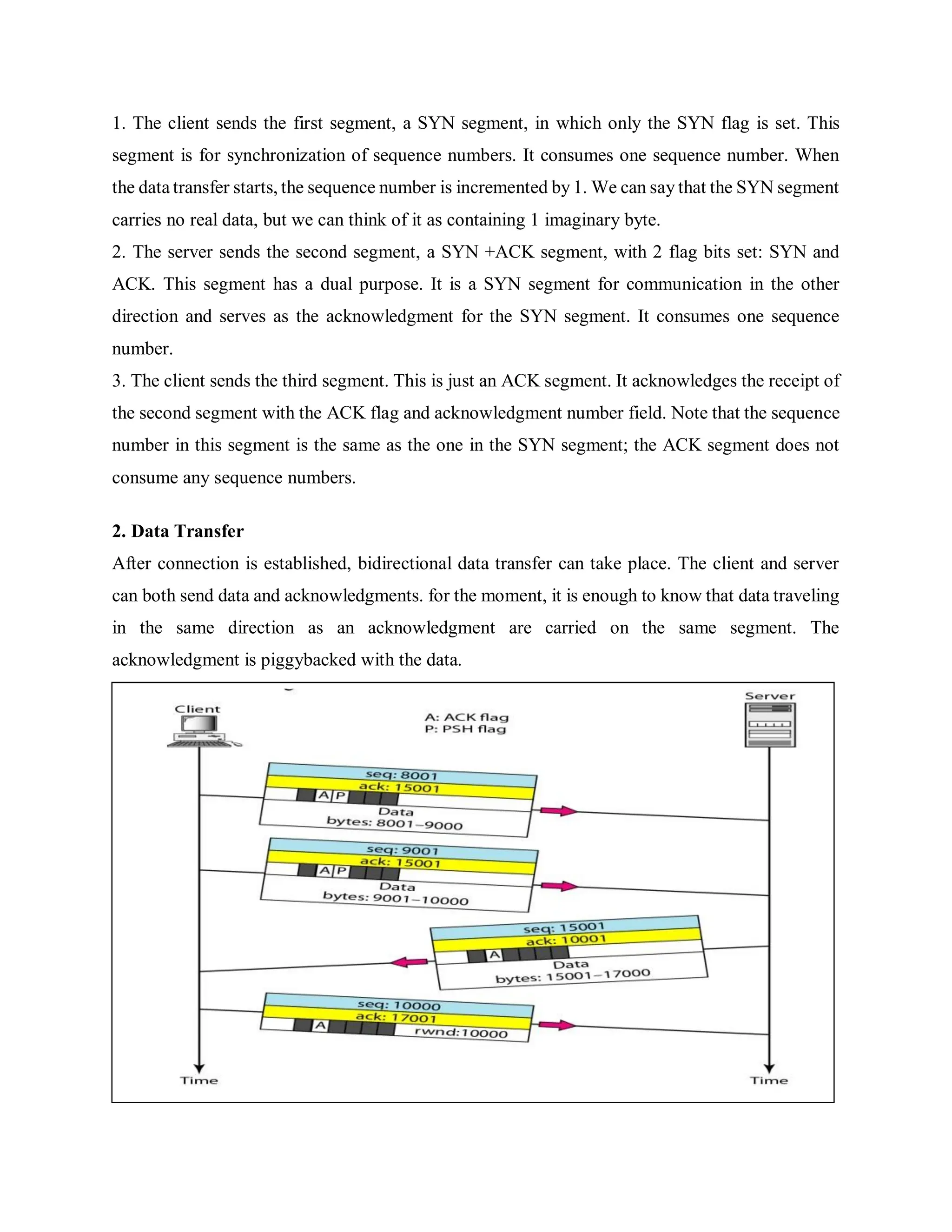 1. The client sends the first segment, a SYN segment, in which only the SYN flag is set. This
segment is for synchronization of sequence numbers. It consumes one sequence number. When
the data transfer starts, the sequence number is incremented by 1. We can say that the SYN segment
carries no real data, but we can think of it as containing 1 imaginary byte.
2. The server sends the second segment, a SYN +ACK segment, with 2 flag bits set: SYN and
ACK. This segment has a dual purpose. It is a SYN segment for communication in the other
direction and serves as the acknowledgment for the SYN segment. It consumes one sequence
number.
3. The client sends the third segment. This is just an ACK segment. It acknowledges the receipt of
the second segment with the ACK flag and acknowledgment number field. Note that the sequence
number in this segment is the same as the one in the SYN segment; the ACK segment does not
consume any sequence numbers.
2. Data Transfer
After connection is established, bidirectional data transfer can take place. The client and server
can both send data and acknowledgments. for the moment, it is enough to know that data traveling
in the same direction as an acknowledgment are carried on the same segment. The
acknowledgment is piggybacked with the data.
 