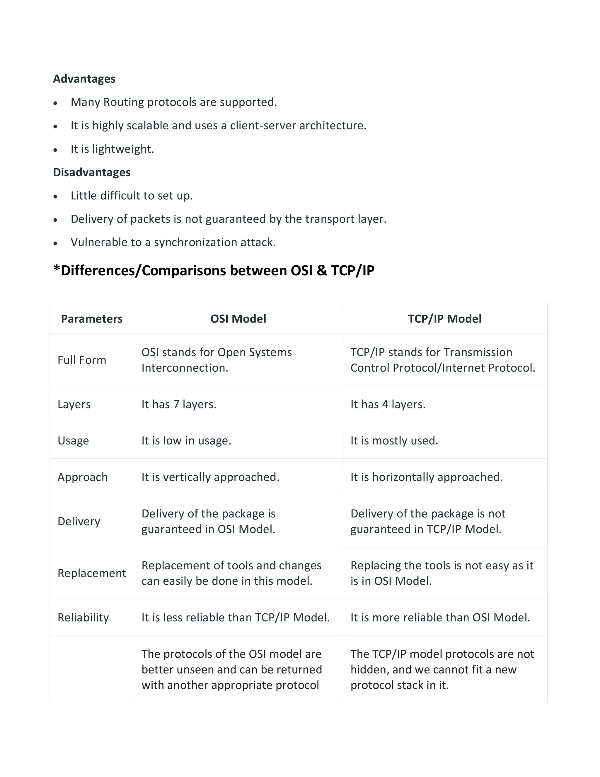 Advantages
 Many Routing protocols are supported.
 It is highly scalable and uses a client-server architecture.
 It is lightweight.
Disadvantages
 Little difficult to set up.
 Delivery of packets is not guaranteed by the transport layer.
 Vulnerable to a synchronization attack.
*Differences/Comparisons between OSI & TCP/IP
Parameters OSI Model TCP/IP Model
Full Form
OSI stands for Open Systems
Interconnection.
TCP/IP stands for Transmission
Control Protocol/Internet Protocol.
Layers It has 7 layers. It has 4 layers.
Usage It is low in usage. It is mostly used.
Approach It is vertically approached. It is horizontally approached.
Delivery
Delivery of the package is
guaranteed in OSI Model.
Delivery of the package is not
guaranteed in TCP/IP Model.
Replacement
Replacement of tools and changes
can easily be done in this model.
Replacing the tools is not easy as it
is in OSI Model.
Reliability It is less reliable than TCP/IP Model. It is more reliable than OSI Model.
The protocols of the OSI model are
better unseen and can be returned
with another appropriate protocol
The TCP/IP model protocols are not
hidden, and we cannot fit a new
protocol stack in it.
 