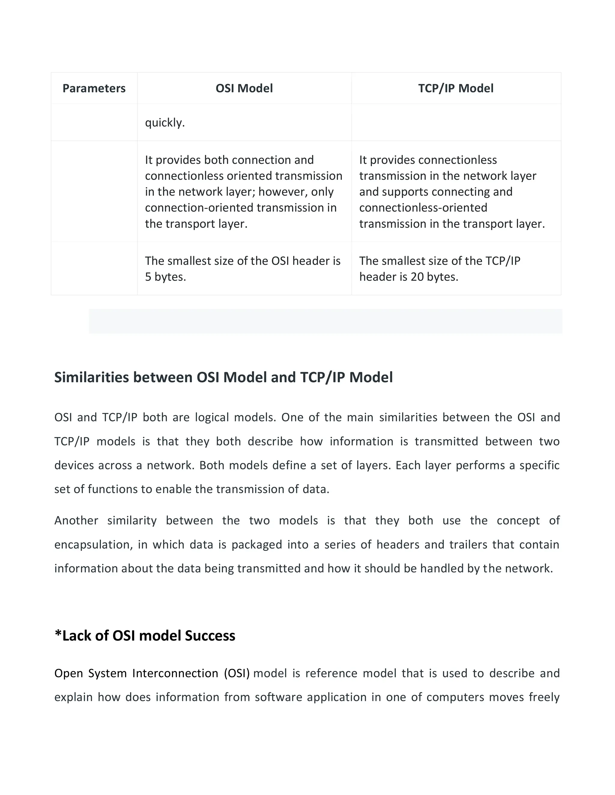 Parameters OSI Model TCP/IP Model
quickly.
It provides both connection and
connectionless oriented transmission
in the network layer; however, only
connection-oriented transmission in
the transport layer.
It provides connectionless
transmission in the network layer
and supports connecting and
connectionless-oriented
transmission in the transport layer.
The smallest size of the OSI header is
5 bytes.
The smallest size of the TCP/IP
header is 20 bytes.
Similarities between OSI Model and TCP/IP Model
OSI and TCP/IP both are logical models. One of the main similarities between the OSI and
TCP/IP models is that they both describe how information is transmitted between two
devices across a network. Both models define a set of layers. Each layer performs a specific
set of functions to enable the transmission of data.
Another similarity between the two models is that they both use the concept of
encapsulation, in which data is packaged into a series of headers and trailers that contain
information about the data being transmitted and how it should be handled by the network.
*Lack of OSI model Success
Open System Interconnection (OSI) model is reference model that is used to describe and
explain how does information from software application in one of computers moves freely
 