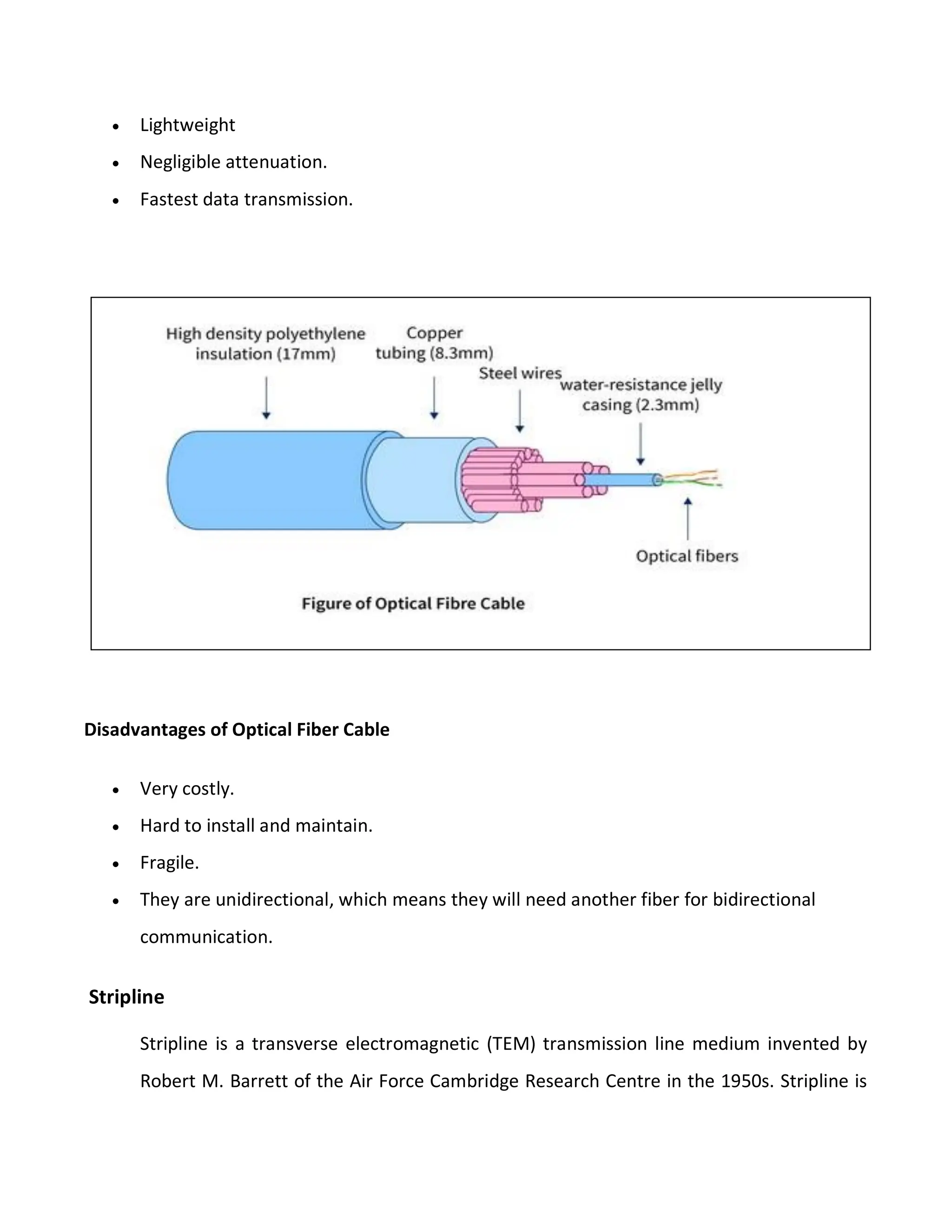  Lightweight
 Negligible attenuation.
 Fastest data transmission.
Disadvantages of Optical Fiber Cable
 Very costly.
 Hard to install and maintain.
 Fragile.
 They are unidirectional, which means they will need another fiber for bidirectional
communication.
Stripline
Stripline is a transverse electromagnetic (TEM) transmission line medium invented by
Robert M. Barrett of the Air Force Cambridge Research Centre in the 1950s. Stripline is
 