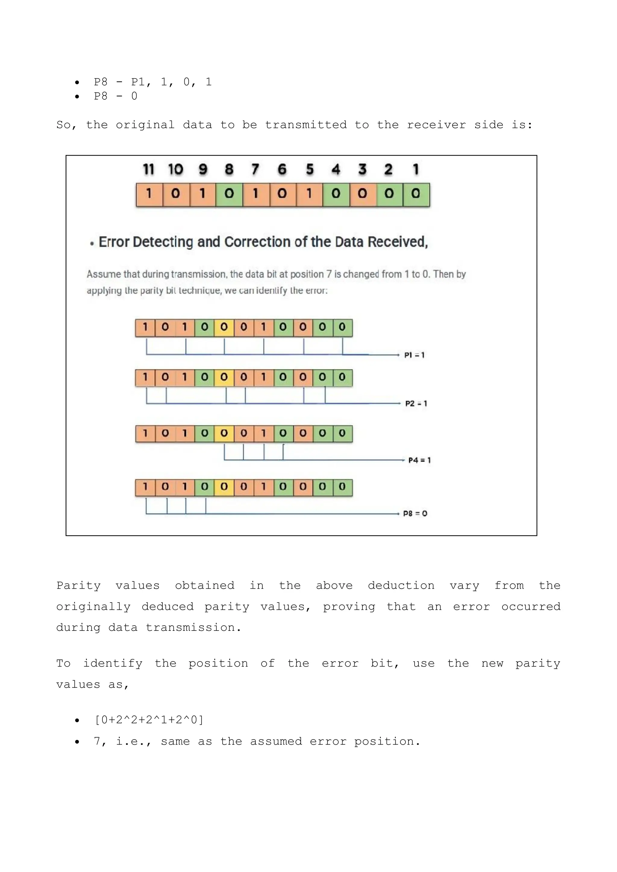  P8 - P1, 1, 0, 1
 P8 - 0
So, the original data to be transmitted to the receiver side is:
Parity values obtained in the above deduction vary from the
originally deduced parity values, proving that an error occurred
during data transmission.
To identify the position of the error bit, use the new parity
values as,
 [0+2^2+2^1+2^0]
 7, i.e., same as the assumed error position.
 