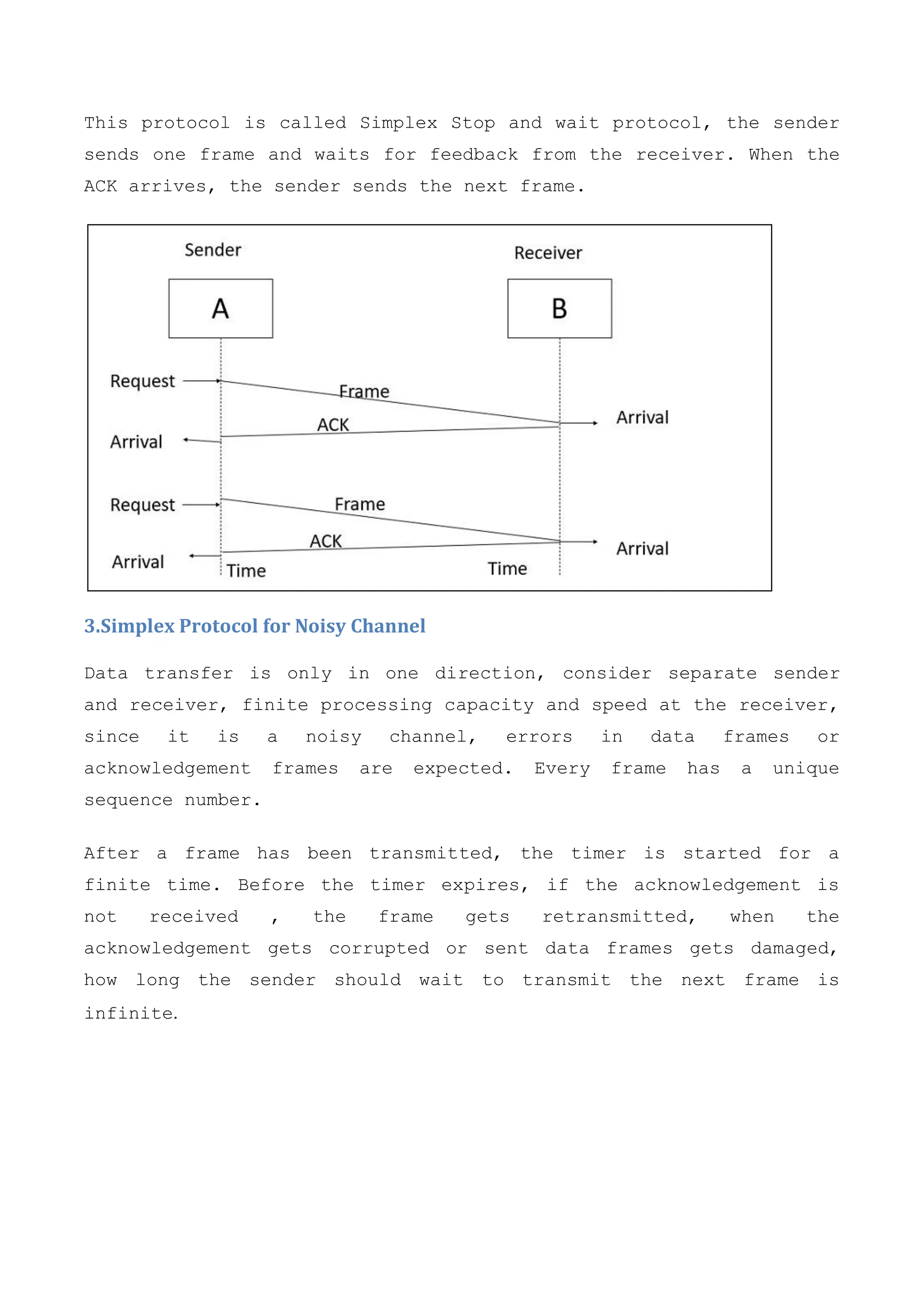 This protocol is called Simplex Stop and wait protocol, the sender
sends one frame and waits for feedback from the receiver. When the
ACK arrives, the sender sends the next frame.
3.Simplex Protocol for Noisy Channel
Data transfer is only in one direction, consider separate sender
and receiver, finite processing capacity and speed at the receiver,
since it is a noisy channel, errors in data frames or
acknowledgement frames are expected. Every frame has a unique
sequence number.
After a frame has been transmitted, the timer is started for a
finite time. Before the timer expires, if the acknowledgement is
not received , the frame gets retransmitted, when the
acknowledgement gets corrupted or sent data frames gets damaged,
how long the sender should wait to transmit the next frame is
infinite.
 