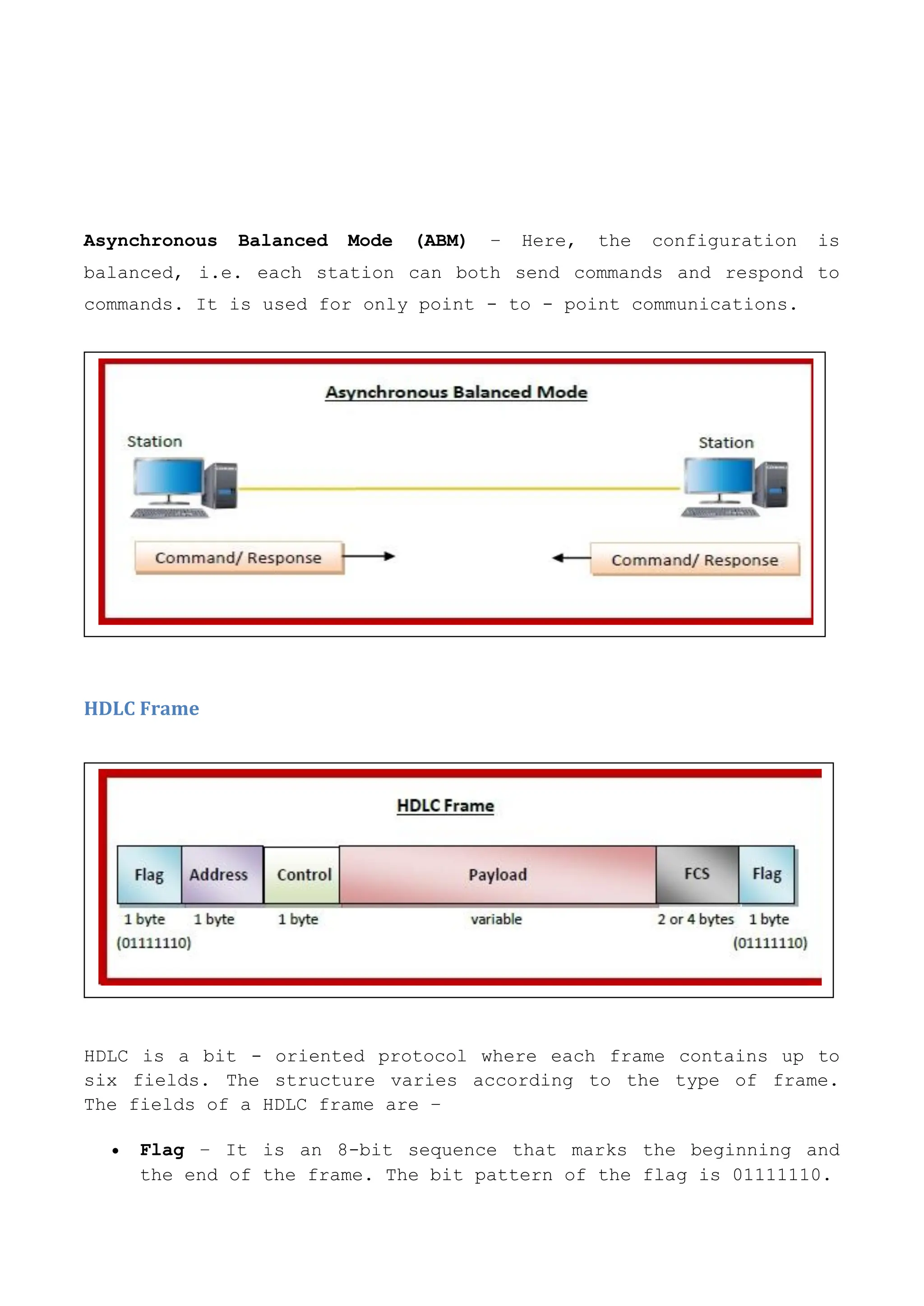 Asynchronous Balanced Mode (ABM) − Here, the configuration is
balanced, i.e. each station can both send commands and respond to
commands. It is used for only point - to - point communications.
HDLC Frame
HDLC is a bit - oriented protocol where each frame contains up to
six fields. The structure varies according to the type of frame.
The fields of a HDLC frame are −
 Flag − It is an 8-bit sequence that marks the beginning and
the end of the frame. The bit pattern of the flag is 01111110.
 