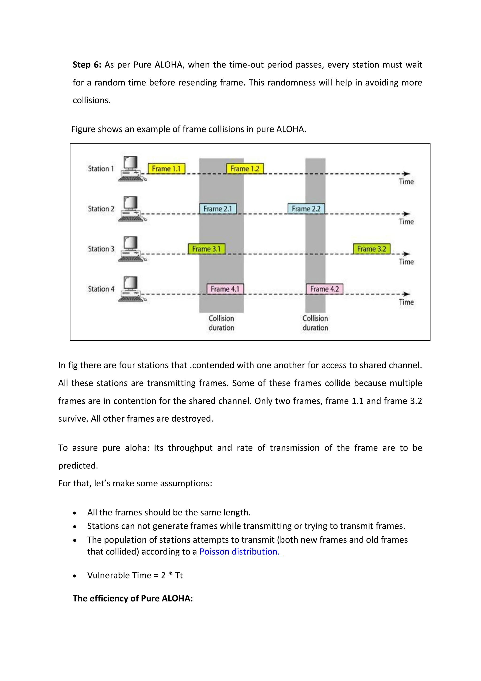 Step 6: As per Pure ALOHA, when the time-out period passes, every station must wait
for a random time before resending frame. This randomness will help in avoiding more
collisions.
Figure shows an example of frame collisions in pure ALOHA.
In fig there are four stations that .contended with one another for access to shared channel.
All these stations are transmitting frames. Some of these frames collide because multiple
frames are in contention for the shared channel. Only two frames, frame 1.1 and frame 3.2
survive. All other frames are destroyed.
To assure pure aloha: Its throughput and rate of transmission of the frame are to be
predicted.
For that, let’s make some assumptions:
 All the frames should be the same length.
 Stations can not generate frames while transmitting or trying to transmit frames.
 The population of stations attempts to transmit (both new frames and old frames
that collided) according to a Poisson distribution.
 Vulnerable Time = 2 * Tt
The efficiency of Pure ALOHA:
 