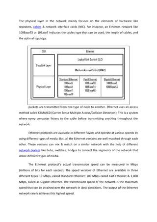 The physical layer in the network mainly focuses on the elements of hardware like
repeaters, cables & network interface cards (NIC). For instance, an Ethernet network like
100BaseTX or 10BaseT indicates the cables type that can be used, the length of cables, and
the optimal topology.
The data link layer in the network system mainly addresses the way that data
packets are transmitted from one type of node to another. Ethernet uses an access
method called CSMA/CD (Carrier Sense Multiple Access/Collision Detection). This is a system
where every computer listens to the cable before transmitting anything throughout the
network.
Ethernet protocols are available in different flavors and operate at various speeds by
using different types of media. But, all the Ethernet versions are well-matched through each
other. These versions can mix & match on a similar network with the help of different
network devices like hubs, switches, bridges to connect the segments of the network that
utilize different types of media.
The Ethernet protocol’s actual transmission speed can be measured in Mbps
(millions of bits for each second), The speed versions of Ethernet are available in three
different types 10 Mbps, called Standard Ethernet; 100 Mbps called Fast Ethernet & 1,000
Mbps, called as Gigabit Ethernet. The transmission speed of the network is the maximum
speed that can be attained over the network in ideal conditions. The output of the Ethernet
network rarely achieves this highest speed.
 