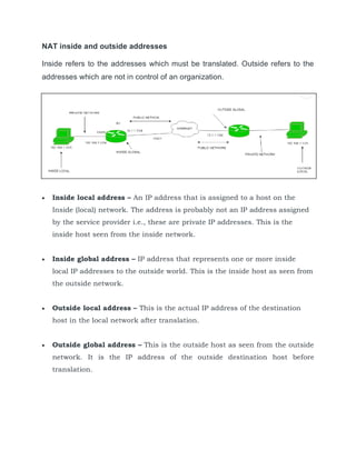 NAT inside and outside addresses
Inside refers to the addresses which must be translated. Outside refers to the
addresses which are not in control of an organization.
 Inside local address – An IP address that is assigned to a host on the
Inside (local) network. The address is probably not an IP address assigned
by the service provider i.e., these are private IP addresses. This is the
inside host seen from the inside network.
 Inside global address – IP address that represents one or more inside
local IP addresses to the outside world. This is the inside host as seen from
the outside network.
 Outside local address – This is the actual IP address of the destination
host in the local network after translation.
 Outside global address – This is the outside host as seen from the outside
network. It is the IP address of the outside destination host before
translation.
 
