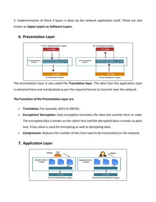 2. Implementation of these 3 layers is done by the network application itself. These are also
known as Upper Layers or Software Layers.
6. Presentation Layer
The presentation layer is also called the Translation layer. The data from the application layer
is extracted here and manipulated as per the required format to transmit over the network.
The Functions of the Presentation Layer are
 Translation: For example, ASCII to EBCDIC.
 Encryption/ Decryption: Data encryption translates the data into another form or code.
The encrypted data is known as the cipher text and the decrypted data is known as plain
text. A key value is used for encrypting as well as decrypting data.
 Compression: Reduces the number of bits that need to be transmitted on the network.
7. Application Layer
 