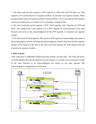 1. The client sends the first segment, a SYN segment, in which only the SYN flag is set. This
segment is for synchronization of sequence numbers. It consumes one sequence number. When
the data transfer starts, the sequence number is incremented by 1. We can say that the SYN segment
carries no real data, but we can think of it as containing 1 imaginary byte.
2. The server sends the second segment, a SYN +ACK segment, with 2 flag bits set: SYN and
ACK. This segment has a dual purpose. It is a SYN segment for communication in the other
direction and serves as the acknowledgment for the SYN segment. It consumes one sequence
number.
3. The client sends the third segment. This is just an ACK segment. It acknowledges the receipt of
the second segment with the ACK flag and acknowledgment number field. Note that the sequence
number in this segment is the same as the one in the SYN segment; the ACK segment does not
consume any sequence numbers.
2. Data Transfer
After connection is established, bidirectional data transfer can take place. The client and server
can both send data and acknowledgments. for the moment, it is enough to know that data traveling
in the same direction as an acknowledgment are carried on the same segment. The
acknowledgment is piggybacked with the data.
 