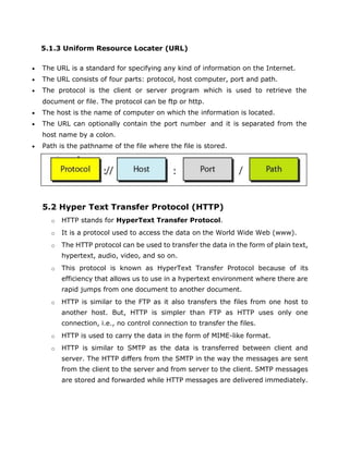 5.1.3 Uniform Resource Locater (URL)
 The URL is a standard for specifying any kind of information on the Internet.
 The URL consists of four parts: protocol, host computer, port and path.
 The protocol is the client or server program which is used to retrieve the
document or file. The protocol can be ftp or http.
 The host is the name of computer on which the information is located.
 The URL can optionally contain the port number and it is separated from the
host name by a colon.
 Path is the pathname of the file where the file is stored.
5.2 Hyper Text Transfer Protocol (HTTP)
o HTTP stands for HyperText Transfer Protocol.
o It is a protocol used to access the data on the World Wide Web (www).
o The HTTP protocol can be used to transfer the data in the form of plain text,
hypertext, audio, video, and so on.
o This protocol is known as HyperText Transfer Protocol because of its
efficiency that allows us to use in a hypertext environment where there are
rapid jumps from one document to another document.
o HTTP is similar to the FTP as it also transfers the files from one host to
another host. But, HTTP is simpler than FTP as HTTP uses only one
connection, i.e., no control connection to transfer the files.
o HTTP is used to carry the data in the form of MIME-like format.
o HTTP is similar to SMTP as the data is transferred between client and
server. The HTTP differs from the SMTP in the way the messages are sent
from the client to the server and from server to the client. SMTP messages
are stored and forwarded while HTTP messages are delivered immediately.
 