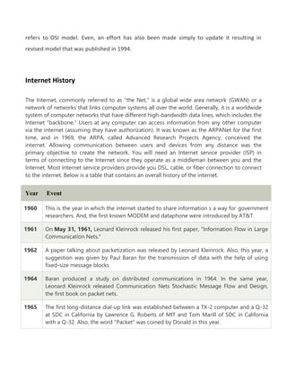 refers to OSI model. Even, an effort has also been made simply to update it resulting in
revised model that was published in 1994.
Internet History
The Internet, commonly referred to as "the Net," is a global wide area network (GWAN) or a
network of networks that links computer systems all over the world. Generally, it is a worldwide
system of computer networks that have different high-bandwidth data lines, which includes the
Internet "backbone." Users at any computer can access information from any other computer
via the internet (assuming they have authorization). It was known as the ARPANet for the first
time, and in 1969, the ARPA, called Advanced Research Projects Agency, conceived the
internet. Allowing communication between users and devices from any distance was the
primary objective to create the network. You will need an Internet service provider (ISP) in
terms of connecting to the Internet since they operate as a middleman between you and the
Internet. Most Internet service providers provide you DSL, cable, or fiber connection to connect
to the internet. Below is a table that contains an overall history of the internet.
Year Event
1960 This is the year in which the internet started to share information s a way for government
researchers. And, the first known MODEM and dataphone were introduced by AT&T.
1961 On May 31, 1961, Leonard Kleinrock released his first paper, "Information Flow in Large
Communication Nets."
1962 A paper talking about packetization was released by Leonard Kleinrock. Also, this year, a
suggestion was given by Paul Baran for the transmission of data with the help of using
fixed-size message blocks
1964 Baran produced a study on distributed communications in 1964. In the same year,
Leonard Kleinrock released Communication Nets Stochastic Message Flow and Design,
the first book on packet nets.
1965 The first long-distance dial-up link was established between a TX-2 computer and a Q-32
at SDC in California by Lawrence G. Roberts of MIT and Tom Marill of SDC in California
with a Q-32. Also, the word "Packet" was coined by Donald in this year.
 