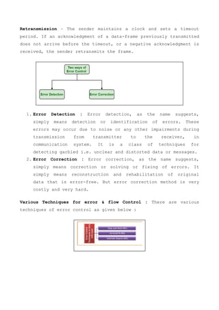 Retransmission − The sender maintains a clock and sets a timeout
period. If an acknowledgment of a data-frame previously transmitted
does not arrive before the timeout, or a negative acknowledgment is
received, the sender retransmits the frame.
1. Error Detection : Error detection, as the name suggests,
simply means detection or identification of errors. These
errors may occur due to noise or any other impairments during
transmission from transmitter to the receiver, in
communication system. It is a class of techniques for
detecting garbled i.e. unclear and distorted data or messages.
2. Error Correction : Error correction, as the name suggests,
simply means correction or solving or fixing of errors. It
simply means reconstruction and rehabilitation of original
data that is error-free. But error correction method is very
costly and very hard.
Various Techniques for error & flow Control : There are various
techniques of error control as given below :
 