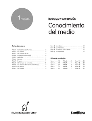 Conocimiento
del medio
Fichas de refuerzo
Ficha 1 Partes del cuerpo humano . . . . . . . . . . . . . . . . . . . 3
Ficha 2 Los sentidos. . . . . . . . . . . . . . . . . . . . . . . . . . . . . . . . 4
Ficha 3 Las comidas del día . . . . . . . . . . . . . . . . . . . . . . . . . 5
Ficha 4 Cuidamos nuestra salud . . . . . . . . . . . . . . . . . . . . . 6
Ficha 5 La familia . . . . . . . . . . . . . . . . . . . . . . . . . . . . . . . . . . 7
Ficha 6 La casa. . . . . . . . . . . . . . . . . . . . . . . . . . . . . . . . . . . . 8
Ficha 7 El agua. . . . . . . . . . . . . . . . . . . . . . . . . . . . . . . . . . . . 9
Ficha 8 Cómo nacen los animales. . . . . . . . . . . . . . . . . . . . 10
Ficha 9 Los animales domésticos y los salvajes. . . . . . . . . 11
Ficha 10 Las plantas . . . . . . . . . . . . . . . . . . . . . . . . . . . . . . . . 12
Ficha 11 Los paisajes. . . . . . . . . . . . . . . . . . . . . . . . . . . . . . . . 13
Ficha 12 Los trabajos. . . . . . . . . . . . . . . . . . . . . . . . . . . . . . . . 14
Ficha 13 Los materiales. . . . . . . . . . . . . . . . . . . . . . . . . . . . . . 15
Ficha 14 Los pueblos y las ciudades . . . . . . . . . . . . . . . . . . . 16
Ficha 15 Los transportes . . . . . . . . . . . . . . . . . . . . . . . . . . . . . 17
Fichas de ampliación
Ficha 1 . . . . . . 18
Ficha 2. . . . . . 19
Ficha 3 . . . . . 20
Ficha 4. . . . . . 21
Ficha 5 . . . . . 22
Ficha 6 . . . . . 23
Ficha 7. . . . . . 24
Ficha 8 . . . . . 25
Ficha 9 . . . . . 26
Ficha 10 . . . . . 27
Ficha 11 . . . . . 28
Ficha 12. . . . . 29
Ficha 13. . . . . 30
Ficha 14. . . . . 31
Ficha 15. . . . . 32
REFUERZO Y AMPLIACIÓN
1PRIMARIA
825506 _ 0001-0034.qxd 1/12/06 14:57 Página 1
 