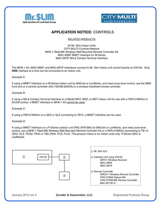 APPLICATION NOTICE: CONTROLS
RELATED PRODUCTS
All Mr. Slim Indoor Units
CITY MULTI Controls Network
MHK-1 RedLINK Wireless Wall Mounted Remote Controller Kit
MAC-399IF MNET Interface for M-Series
MAC-397IF MA & Contact Terminal Interface
The MHK-1 Kit, MAC-399IF, and MAC-397IF Interfaces connect to Mr. Slim indoor unit control boards on CN105. Only
ONE interface at a time can be connected to an indoor unit.
Example A:
If using a MNET Interface on a M-Series indoor unit for BACnet or LonWorks, and need zone level control, use the BMS
front end or a central controller (AG-150/GB-50ADA) or a wireless handheld remote controller.
Example B:
If using a MA & Contact Terminal Interface on a Model MFZ, MSZ, or MSY indoor unit for use with a PAR-21MAAU or
On/Off control, a MNET Interface or MHK-1 Kit cannot be used.
Example C:
If using a PAR-21MAAU on a SEZ or SLZ connecting to TB15, a MNET Interface can be used.
Example D:
If using a MNET Interface on a P-Series outdoor unit (PAC-SF81MA) for BACnet or LonWorks, and need zone level
control, use a MHK-1 RedLINK Wireless Wall Mounted Remote Controller Kit or a PAR-21MAAU connecting to TB-15
(SEZ, SLZ, PEAD, PEA) or TB5 (PKA, PCA, PLA). This product notice is for indoor units only, P-Series ODU is
unaffected.
January 2012 rev 2   Gunder & Associates, LLC. Engineered Products Group
1 Mr. Slim IDU
2 Interface Unit using CN105
" MIFH1 Wireless Receiver
" MAC-399IF
" MAC-397IF
"
3 Remote Controller
" MRCH-1 Wireless Remote Controller
" PAR-21MAA Deluxe MA
" PAR-F27MA ME Remote Controller
MAC-821SC-E
CN105
3
1 2
 