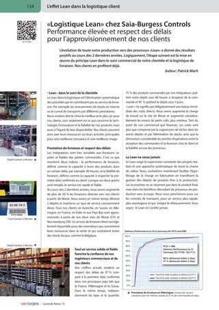 134

fr13134

L’effet Lean dans la logistique client

«Logistique Lean» chez Saia-Burgess Controls
Performance élevée et respect des délais
pour l'approvisionnement de nos clients
L’évolution de toute notre production vers des processus «Lean» a donné des résultats
positifs au cours des 2 dernières années. Logiquement, l’étape suivant est la mise en
œuvre du principe Lean dans le suivi commercial de notre clientèle et la logistique de
livraison. Nos clients en profitent déjà.
Auteur : Patrick Marti

« Lean » dans le suivi de la clientèle
Le Lean dans la logistique est l'élimination systématique
des procédés qui ne contribuent pas au service de livraison. Par exemple, les mouvements de stocks en interne
ou le cumul de transports par différents prestataires.
Nous voulons être le choix le meilleur et le plus sûr pour
nos clients, non seulement en ce qui concerne la technologie, l'innovation et la fiabilité de nos produits, mais
aussi à l'égard de leur disponibilité. Nos clients peuvent
ainsi axer leurs ressources sur leurs activités principales
pour une meilleure croissance et une meilleure image.
Prestation de livraison et respect des délais
Dépôt kanban à Murten  

Carte kanban à Murten  

Les intégrateurs sont très sensibles aux livraisons rapides et fiables des petites commandes. C'est ce que
montrent deux indices : la performance de livraison,
définie comme la capacité à livrer des produits dans
un certain délai, par exemple 48 heures, et la fidélité de
livraison, définie comme la capacité à respecter la première date confirmée au client. Lorsque ces deux points
sont remplis, le service est rapide et fiable.
Au cours des 2 dernières années, nous avons augmenté
de plus de 50 % les livraisons directes vers nos clients
à partir de Morat. Nous avons en même temps éliminé
2 dépôts et maintenu un taux de service constamment
élevé. Tous nos clients en Autriche, en Suisse, en Allemagne, en France, en Italie et aux Pays-Bas sont approvisionnés à partir de nos deux sites de Morat (CH) et
Neu-Isenburg (DE). Le service de livraison direct est également disponible pour des revendeurs qui concentrent
leurs ressources dans la vente et qui souhaitent éviter
des stocks locaux, comme la Belgique.

75 % des produits commandés par nos intégrateurs quittent notre dépôt sous 48 heures à réception de la commande et 90 % quittent le dépôt sous 5 jours.
« Lean » ne signifie pas obligatoirement une baisse immédiate des coûts directs. Nous avons augmenté la charge
de travail sur le site de Morat et augmenté considérablement les envois de petits colis, plus onéreux. Tant du
point de vue commercial que financier, ces coûts sont
plus que compensé par la suppression de tâches dans les
autres dépôts et par l’élimination de stocks, ainsi que la
diminution considérable du nombre d’opérations entre la
réception des commandes et la livraison chez le client et
la fiabilité accrue des processus.

Le Lean ne cesse jamais
Le Lean exige la supervision constante des progrès réalisés et une approche systématique de toute la chaine
de valeur. Nous souhaitons maintenant faciliter l’équilibrage de la charge en fabrication en transférant la
gestion des dépôts de produits finis à la production.
Les économies ne se situeront pas dans le produit final,
mais dans les bénéfices découlant de processus de production sans à-coups. Nous nous pencherons aussi sur
les contrats de transport, pour un service plus rapide,
plus avantageux et qui intègre le dédouanement. Vous
voyez : le Lean ne s’arrête jamais.

Delivery Performance to SI in Germany for PCD and HMI
100 %
90 %

Dépôt kanban à Murten  

Seul un service solide et fiable
favorise la confiance de nos
ingénieurs commerciaux et de
nos clients
Nos chiffres actuels révèlent un
respect des délais de 97  com%
paré à la première date confirmée
dans nos principaux pays tels que
la France, l'Allemagne et la Suisse.
Dans le même temps, indépendamment du type et la quantité,
Controls News 13

80 %

PCD + HMI
Delivery Performance to SI
Germany Q2/FY09– Q2/F12

70 %
60 %

80 % delivered within 2 days
91 % delivered within 5 days

50 %
40 %
30 %

Time from order reception to delivery Q1/FY12
Time from order reception to delivery Q2/FY12

20 %
10 %
0 %
1

2

3

4

5

6

7

8

9

10 11 12 13 14 15 16 17 18 19 20 21 22 23 24 25 26

  restation de livraison en Allemagne : niveau de service
P

constant avec les mêmes stocks et 25 % de commandes en plus

 
