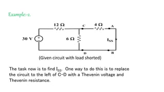 Example:-2.
12  4 
6 30 V +_
A
B


ISS


C
D
(Given circuit with load shorted)
The task now is to find ISS. One way to do this is to replace
the circuit to the left of C-D with a Thevenin voltage and
Thevenin resistance.
 