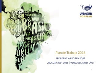 Plan de Trabajo 2016
PRESIDENCIA PRO TEMPORE
URUGUAY 2014-2016 │ VENEZUELA 2016-2017
1
 