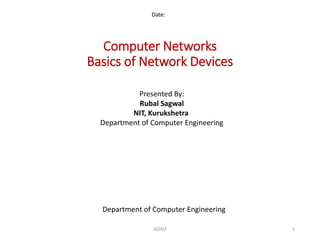 Computer Networks
Basics of Network Devices
Date:
Department of Computer Engineering
Presented By:
Rubal Sagwal
NIT, Kurukshetra
Department of Computer Engineering
1ADAD
 