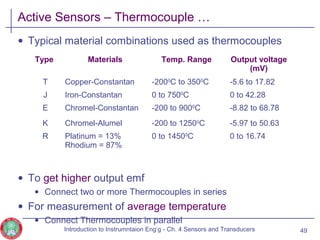 Active Sensors – Thermocouple …
• Typical material combinations used as thermocouples
• To get higher output emf
• Connect two or more Thermocouples in series
• For measurement of average temperature
• Connect Thermocouples in parallel
49
Type Materials Temp. Range Output voltage
(mV)
T Copper-Constantan -2000
C to 3500
C -5.6 to 17.82
J Iron-Constantan 0 to 7500
C 0 to 42.28
E Chromel-Constantan -200 to 9000
C -8.82 to 68.78
K Chromel-Alumel -200 to 12500
C -5.97 to 50.63
R Platinum = 13%
Rhodium = 87%
0 to 14500
C 0 to 16.74
Introduction to Instrumntaion Eng‘g - Ch. 4 Sensors and Transducers
 