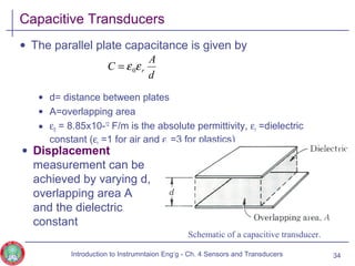 Capacitive Transducers
• The parallel plate capacitance is given by
• d= distance between plates
• A=overlapping area
• ε0 = 8.85x10-12
F/m is the absolute permittivity, εr =dielectric
constant (εr =1 for air and εr =3 for plastics)
d
A
C rεε0=
• Displacement
measurement can be
achieved by varying d,
overlapping area A
and the dielectric
constant
Schematic of a capacitive transducer.
34Introduction to Instrumntaion Eng‘g - Ch. 4 Sensors and Transducers
 