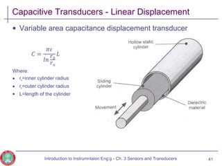 Capacitive Transducers - Linear Displacement
• Variable area capacitance displacement transducer
Where:
• ra=inner cylinder radius
• rb=outer cylinder radius
• L=length of the cylinder
41Introduction to Instrumntaion Eng‘g - Ch. 3 Sensors and Transducers
 