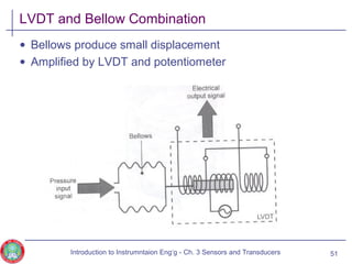 LVDT and Bellow Combination
• Bellows produce small displacement
• Amplified by LVDT and potentiometer
51Introduction to Instrumntaion Eng‘g - Ch. 3 Sensors and Transducers
 