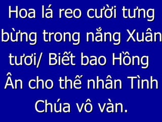 Hoa lá reo cười tưng bừng trong nắng Xuân tươi/ Biết bao Hồng  Ân cho thế nhân Tình Chúa vô vàn. 