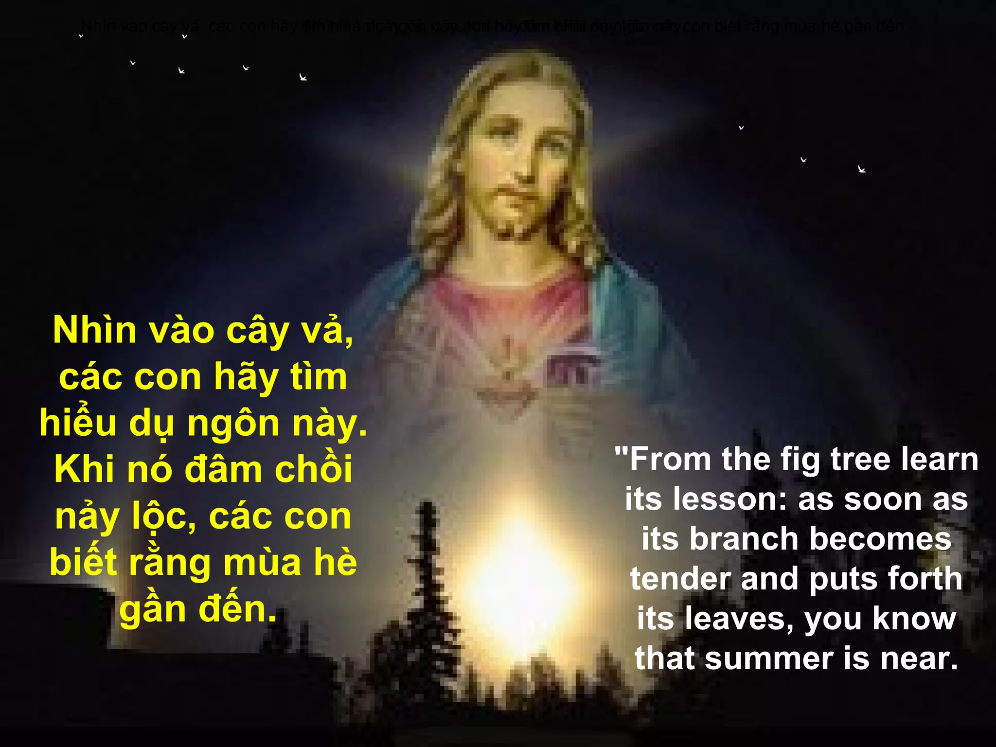 Nhìn vào cây vả, các con hãy tìm hiểu dụ ngôn này. con hãyđâm hiểu dụ ngôn các con biết rằng mùa hè gần đến.
                                Nhìn vào cây vả, các Khi nó tìm chồi nảy lộc, này.




 Nhìn vào cây vả,
 các con hãy tìm
hiểu dụ ngôn này.
 Khi nó đâm chồi                                                       "From the fig tree learn
                                                                        its lesson: as soon as
 nảy lộc, các con
                                                                           its branch becomes
biết rằng mùa hè                                                         tender and puts forth
    gần đến.                                                              its leaves, you know
                                                                         that summer is near.
 