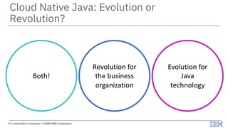 Cloud Native Java: Evolution or
Revolution?
Both!
Revolution for
the business
organization
Evolution for
Java
technology
12 | JakartaOne Livestream | ©2020 IBM Corporation
 