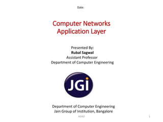 Computer Networks
Application Layer
Date:
Department of Computer Engineering
Jain Group of Institution, Bangalore
Presented By:
Rubal Sagwal
Assistant Professor
Department of Computer Engineering
1ADAD
 