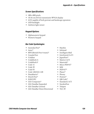 Appendix A — Specifications
CN51 Mobile Computer User Manual 129
Screen Specifications
• 480 x 800 pixels
• 10.16 cm (4.0 in) transmissive WVGA display
• LCD capable of both portrait and landscape operation
• LED backlight
• Ambient light sensor
Keypad Options
• Alphanumeric keypad
• Numeric keypad
Bar Code Symbologies
• Australia Post*
• Aztec*
• BPO (British Post 4-state)*
• Canada Post
• Codabar
• Codablock A
• Codablock F
• Code 11
• Code 39
• Code 93
• Code 128/GS1-128
• DataMatrix*
• Dutch Post*
• EAN/UPC
• GS1 Composite*
• GS1 DataBar Expanded
• GS1 DataBar Limited
• GS1 DataBar Omni-Directional
• HanXin
• Infomail
• Intelligent Mail
• Interleaved 2 of 5
• JapanPost*
• Matrix 2 of 5
• Maxicode*
• Micro PDF417
• MSI
• PDF417*
• Planet*
• Plessey
• Postnet*
• QR Code*
• Standard 2 of 5
• SwedenPost
• Telepen
• TLC 39
 