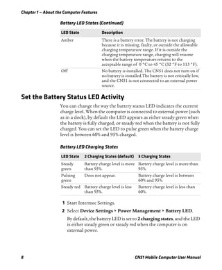 Chapter 1 — About the Computer Features
8 CN51 Mobile Computer User Manual
Set the Battery Status LED Activity
You can change the way the battery status LED indicates the current
charge level. When the computer is connected to external power (such
as in a dock), by default the LED appears as either steady green when
the battery is fully charged, or steady red when the battery is not fully
charged. You can set the LED to pulse green when the battery charge
level is between 60% and 95% charged.
1 Start Intermec Settings.
2 Select Device Settings > Power Management > Battery LED.
By default, the battery LED is set to 2 charging states, and the LED
is either steady green or steady red when the computer is on
external power.
Amber There is a battery error. The battery is not charging
because it is missing, faulty, or outside the allowable
charging temperature range. If it is outside the
charging temperature range, charging will resume
when the battery temperature returns to the
acceptable range of 0 °C to 45 °C (32 °F to 113 °F).
Off No battery is installed. The CN51 does not turn on if
no battery is installed.The battery is not critically low,
and the CN51 is not connected to an external power
source.
Battery LED States (Continued)
LED State Description
Battery LED Charging States
LED State 2 Charging States (default) 3 Charging States
Steady
green
Battery charge level is more
than 95%.
Battery charge level is more than
95%.
Pulsing
green
Does not appear. Battery charge level is between
60% and 95%.
Steady red Battery charge level is less
than 95%.
Battery charge level is less than
60%.
 