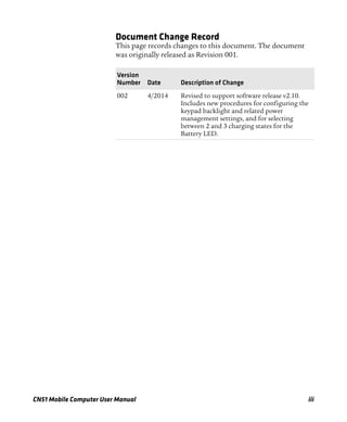 CN51 Mobile Computer User Manual iii
Document Change Record
This page records changes to this document. The document
was originally released as Revision 001.
Version
Number Date Description of Change
002 4/2014 Revised to support software release v2.10.
Includes new procedures for configuring the
keypad backlight and related power
management settings, and for selecting
between 2 and 3 charging states for the
Battery LED.
 