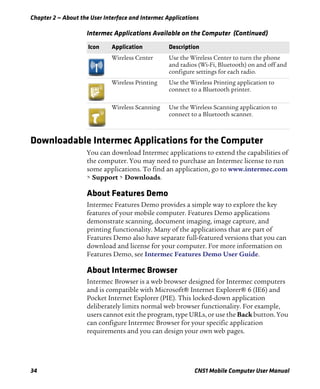 Chapter 2 — About the User Interface and Intermec Applications
34 CN51 Mobile Computer User Manual
Downloadable Intermec Applications for the Computer
You can download Intermec applications to extend the capabilities of
the computer. You may need to purchase an Intermec license to run
some applications. To find an application, go to www.intermec.com
> Support > Downloads.
About Features Demo
Intermec Features Demo provides a simple way to explore the key
features of your mobile computer. Features Demo applications
demonstrate scanning, document imaging, image capture, and
printing functionality. Many of the applications that are part of
Features Demo also have separate full-featured versions that you can
download and license for your computer. For more information on
Features Demo, see Intermec Features Demo User Guide.
About Intermec Browser
Intermec Browser is a web browser designed for Intermec computers
and is compatible with Microsoft® Internet Explorer® 6 (IE6) and
Pocket Internet Explorer (PIE). This locked-down application
deliberately limits normal web browser functionality. For example,
users cannot exit the program, type URLs, or use the Back button. You
can configure Intermec Browser for your specific application
requirements and you can design your own web pages.
Wireless Center Use the Wireless Center to turn the phone
and radios (Wi-Fi, Bluetooth) on and off and
configure settings for each radio.
Wireless Printing Use the Wireless Printing application to
connect to a Bluetooth printer.
Wireless Scanning Use the Wireless Scanning application to
connect to a Bluetooth scanner.
Intermec Applications Available on the Computer (Continued)
Icon Application Description
 
