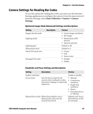 Chapter 4 — Use the Camera
CN51 Mobile Computer User Manual 67
Camera Settings for Reading Bar Codes
To use the camera for reading bar codes, you must use the Intermec
Settings application to configure the camera. From the main screen of
Intermec Settings, select Data Collection > Camera > Camera
Settings.
Optimized Imager Mode (Advanced) Settings and Descriptions
Setting Description Choices
Imager decode mode • Linear imager emulation
• 2D imager
Lighting mode • Illumination LED
priority
• Aperture priority
Lighting goal Default is 30.
Illumination level Default is 3.
Initial 1D search area • Center
• Full
• Smart raster
Damaged 1D codes • Disable
• Enable
Viewfinder and Focus Settings and Descriptions
Setting Description Choices
Enable viewfinder Enable or disable.
Focus mode Sets the focus mode for the
camera when reading bar codes,
document imaging, or capturing
signatures.
• Manual
• Continuous
autofocus
• Single shot
autofocus
• Macro
• Extended (10 cm
to infinity)
Manual focus value When Focus Mode is set to
Manual, this value sets the
manual focus level.
Default is 65. Set to
0 for infinity, or 255
for closeups.
 