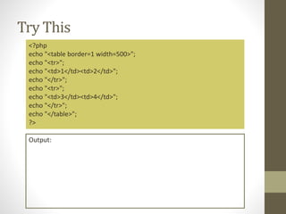 Try This
<?php
echo "<table border=1 width=500>";
echo "<tr>";
echo "<td>1</td><td>2</td>";
echo "</tr>";
echo "<tr>";
echo "<td>3</td><td>4</td>";
echo "</tr>";
echo "</table>";
?>
Output:
 